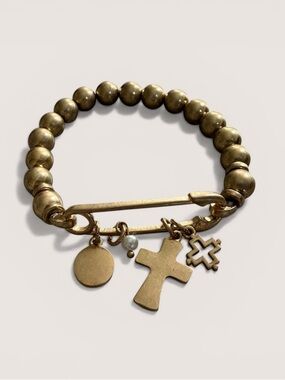 Gold Beaded Cross Charm Bracelet - Women